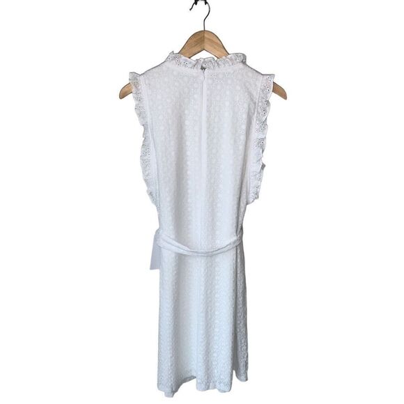 London Times White Eyelet Ruffled Neck and Armhole Mini Dress with Waist Tie - Picture 6 of 12